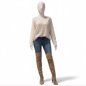 Cream sheer long sleeve top with lace overlay and sheer sleeves